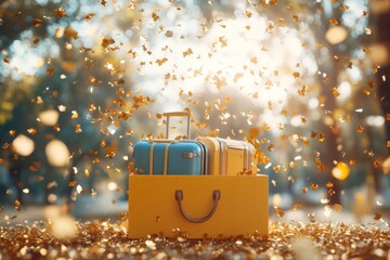 Poster - Colorful suitcases in a park surrounded by autumn leaves create a vibrant travel atmosphere during a sunny afternoon
