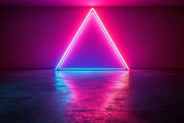 Poster - Neon triangle lights create a vibrant atmosphere in a dimly lit modern space