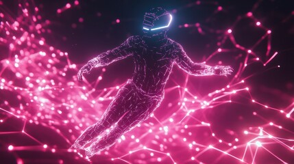 Poster - virtual reality explorer: futuristic figure immersed in a network of glowing connections, exploring 