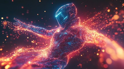 Poster - Astral Voyager: A digital artwork showcasing a human figure composed of particles, soaring gracefully through a cosmos of vibrant energy and light.