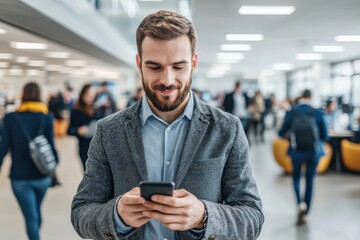 Poster - businessman using smartphone in a modern office space, checking messages and staying connected; focu