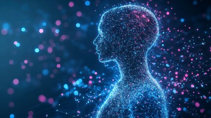 Poster - Human Profile with Particles: An artistic depiction of a human profile, intricately composed of shimmering particles, with an emphasis on representing the human form.