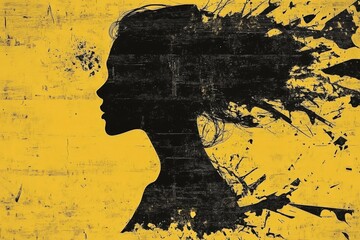 Aufkleber - Silhouette of a woman's profile with abstract splashes on a bright yellow background