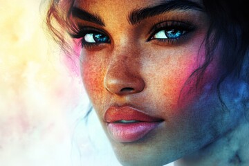 Leinwandbilder - Captivating portrait highlighting vibrant features and expressive eyes showcasing beauty and creativity