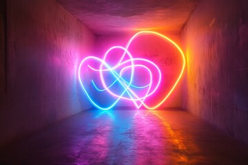 Aufkleber - Vibrant neon heart designs illuminate a dimly lit room showcasing colorful light trails