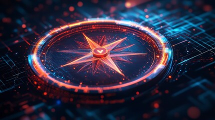 Poster - Navigating the Digital Frontier: A glowing compass sits atop a circuit board, the bright lines and colors highlighting the concept of guidance, direction and digital transformation.