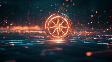 Poster - Navigational Beacon: A digital rendering of a glowing compass rose, emanating a soft, ethereal light amidst a dark, data-filled backdrop, symbolizing guidance and direction in the digital age.