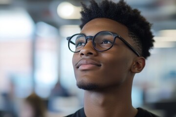Poster - Young man with glasses looking thoughtfully while engaged in creative thinking in a modern workspace