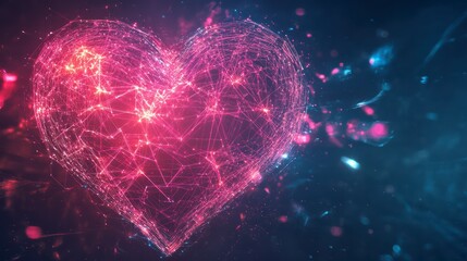 Poster - Digital Heartbeat: A mesmerizing digital representation of a heart, rendered in glowing lines and points, pulsating with energy against a backdrop of cosmic blues and pinks.