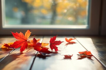 Poster - Bright red maple leaves scattered on warm wooden floor near sunlight filled window in autumn season
