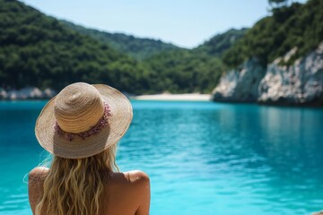 Poster - Person enjoys a tranquil moment by the turquoise waters of a serene beach surrounded by lush green hills on a sunny day