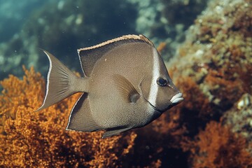 Poster - Underwater observation of a brown fish swimming near coral in a vibrant marine environment