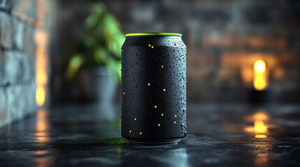 Aufkleber - A distinctive black can adorned with bright spots rests on a reflective surface. The background features warm, soft lighting and hints of greenery, creating a tranquil atmosphere.