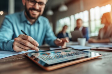 Poster - a cheerful professional analyzes data on a tablet during a team meeting, showcasing positive collabo