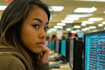 Poster - portrait of a young woman working at a financial data center, carefully analyzing stock market infor