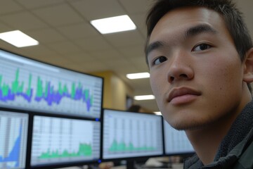Poster - focused young asian stock trader analyzes financial data on multiple screens, demonstrating concentr