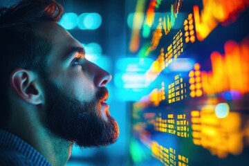 Poster - a focused man with beard analyzing stock market data on a vibrant screen, trading stocks, investment