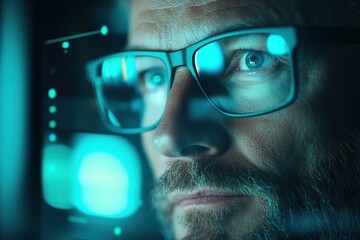 Poster - Close-up of a man wearing glasses looking at a screen with digital data, reflecting on the lenses, with a focused and intense expression.