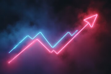 Poster - Colorful neon growth trend line with blue and pink hues against a dark smoky background