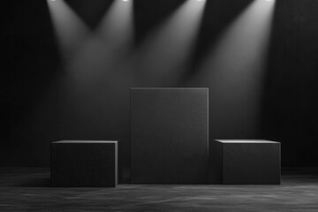 Aufkleber - Black geometric shapes illuminated by overhead lights in a darkened space creating a minimalist aesthetic