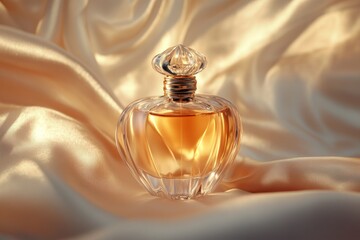 Poster - Elegant glass perfume bottle resting on luxurious satin fabric in soft, natural light during a serene afternoon