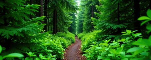 Wall Mural - dense foliage surrounding a narrow path under evergreen trees, dense foliage, woodland trail, conife