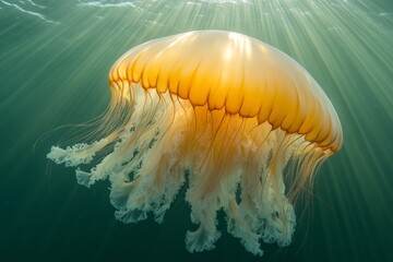 Poster - Majestic jellyfish gracefully glides through shimmering ocean waters in a tranquil underwater setting