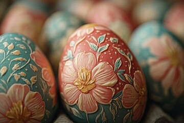 Poster - Beautifully decorated Easter eggs with floral patterns displayed in a close-up view during spring season