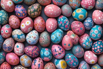 Poster - Colorful Easter eggs arranged artfully on a table showcasing various vibrant designs