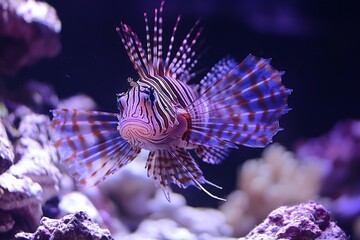 Poster - Brightly colored lionfish swims gracefully among vibrant coral in an aquarium setting at a marine exhibit