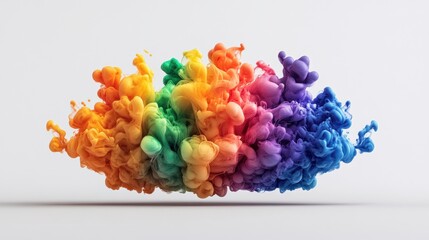 Poster - Vibrant rainbow colored cloud of smoke dancing gracefully against a pristine white background in stunning display of color