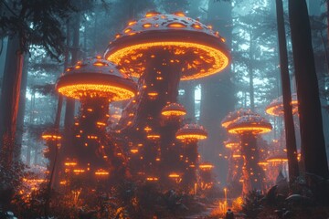 Poster - Enchanted forest with glowing mushrooms illuminating a foggy landscape at dusk