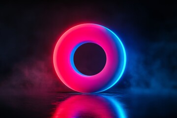 Fototapete - Colorful neon ring glowing in dark space with smoke effects creating a vibrant atmosphere