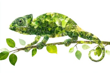 Aufkleber - Chameleon blending with leaves, showcasing vibrant green hues and geometry, illustrating harmony in nature's design