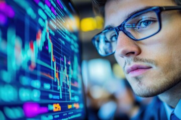 Poster - A focused stock trader with glasses closely analyzing stock market charts and financial data on a computer screen, making investment decisions.