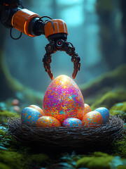 Poster - robotic arm delicately places a large, speckled egg into a nest filled with colorful eggs, Easter.