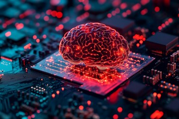Poster - Digital brain model created with neon lights on a circuit board representing advanced technology