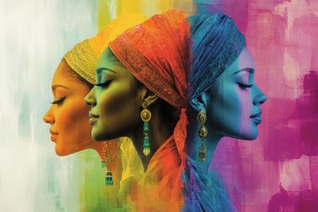 Poster - Vibrant portrait of a woman showcasing cultural identity through colorful art and elegant accessories in an artistic setting