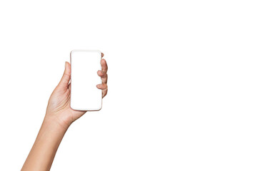 Woman showing empty mobile phone with blank display on wite background