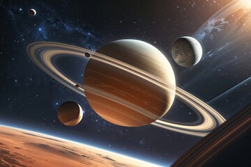Wall Mural - futuristic cosmic scene featuring realistic planet with rings and moons