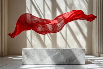 Poster - Red fabric flows elegantly in a minimalist gallery space with striking light patterns
