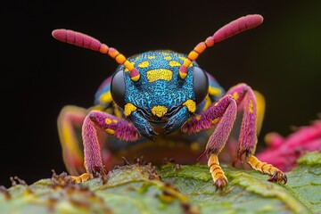 Poster - Brightly colored insect displaying vivid patterns on a leaf during daylight in a lush environment