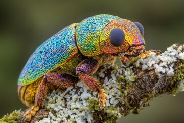 Poster - Colorful beetle resting on a branch covered in lichen in a lush environment during daylight