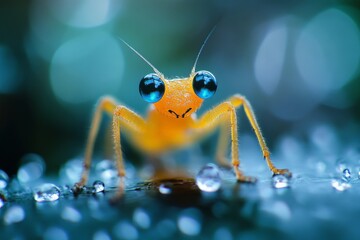Poster - Bright orange insect with striking blue eyes sitting on a dewy surface in a lush, vibrant environment