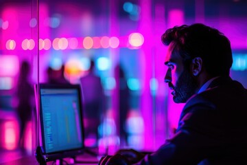 Poster - A focused businessman working on a computer in a vibrant, neon-lit office, his silhouette reflecting the modern, dynamic atmosphere of the workspace.