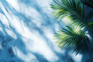 Poster - Tropical palm leaves casting shadows on a textured blue wall during bright daylight hours