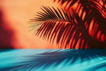Aufkleber - Vibrant shadows of a palm leaf cast against a colorful background in a sunlit room