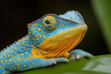Aufkleber - Brightly colored lizard resting on green leaf in natural habitat during daylight hours