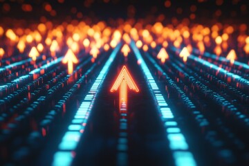 Poster - Digital arrows pointing upwards in a futuristic visual display at nighttime