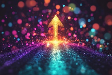 Fototapete - Bright upward arrow with colorful bokeh lights and sparkling trail on a dark background